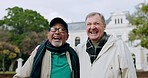 Nature, happy and senior men walking in outdoor park for fresh air and wellness exercise. Conversation, smile and elderly male friends speaking while bonding, having fun and exploring garden together