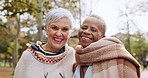 Portrait of senior women in park with smile, friends and outdoor adventure in garden for quality time. Happiness, friendship and retirement, old people bonding together in nature for freedom and fun.