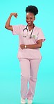 Face, doctor and flexing muscle with a smile, healthcare and trust with empowerment, leadership and strength. Portrait, black woman and medical professional showing bicep, strong and happy nurse