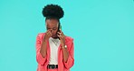 Phone call, frustration and upset businesswoman in a studio in a fight or argument communication. Technology, angry and professional African female person on a mobile conversation by blue background.