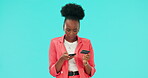 Woman, phone surprise and credit card for mistake, error or problem with e commerce, fintech or online payment fail. Stress and frustrated african person on mobile for debit on blue studio background