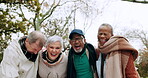 Happy, portrait and group of senior friends outdoor in a park together for bonding, celebration or happiness in retirement. Laughing, smile and funny elderly people in a garden for fun activity