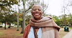 Park, nature and face of senior black woman for freedom, relaxing and smile for happy mindset. Retirement, garden and portrait of elderly female person outdoors for fresh air, wellness and health