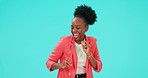 Happy, dance and black woman in studio with freedom, celebration and good mood on blue background. Excited, energy and African female dancing to groovy music, radio or podcast, vibes and smile