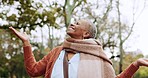 Park, freedom and happy senior black woman relax in nature, forest and woods with hands for rain. Retirement, natural environment and elderly female person outdoors for fresh air, wellness and health