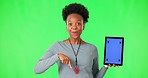 Tablet, green screen and woman face with hand pointing in studio for fitness, sign up for membership on mockup background. Space, portrait and African female sports coach show contact, info or promo