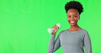 Fitness, happy and black woman on green screen weight lifting for training, workout and exercise. Sport weights, studio and portrait of female person on chromakey for healthy body, wellness or cardio