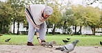 Peace, squirrel and feeding with old woman in parks for relax, nature and environment. Happy, calm and food with senior person and animal eating in outdoors for forest, autumn and wildlife care