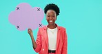 Happy African woman, speech bubble poster or celebration for review, success or face by blue background. Girl, winner and paper billboard for promotion, ideas and happy for prize giveaway in studio