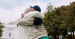 Handshake, hug and elderly friends with bonding and embrace in retirement outdoor. Urban, vacation and excited senior men together on holiday in New York with smile and joy from travel and freedom