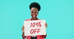 Discount, poster and black woman face in studio happy with news, promo or deal info on blue background. Billboard, portrait and excited African lady customer show shopping banner for sale or cashback