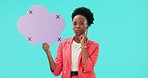 Thinking, face and black woman with speech bubble in studio for faq, how to or translation on blue background. Social media, poster and portrait of African female with why, emoji or quote questions