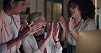 Team, applause or happy woman in call center with success, goals or sales target achievement at night. Customer service, wow or excited people in celebration of winning a business deal or victory