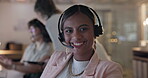 Face, woman and smile in CRM call center for customer service, advisory questions and coworking at night. Portrait of indian consultant working late for telecom support, FAQ contact and sales help 