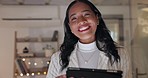 Business woman, face and tablet at night in office for planning research, online report and internet information. Portrait, happy employee and working late on digital data, website and laugh with app