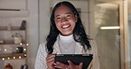 Business woman, tablet and face at night in office for planning web research, online report and internet information. Portrait of happy employee working late on digital tech, social network and app 