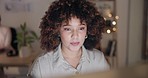 Night, research and business woman in office for planning, professional or manager. Creative, online and email with face of employee reading at computer for digital agency, startup and administration