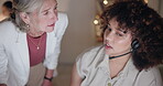 Learning, computer or manager in call center training for telemarketing in customer services at night. Online help, team leader or woman mentor talking, coaching or teaching an agent for advice 