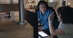 Team, high five or happy woman in call center with success, goals or sales target achievement at night. Customer service, wow or excited people in celebration of winning a business deal or victory