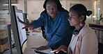 Teaching, women or manager in call center training for telemarketing in customer services at night. Online help, crm leader or black woman mentor coaching or talking to agent for learning or advice 