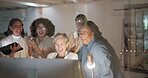 Team, winner or happy woman in call center with success, goals or sales target achievement at night. Customer service, wow or excited people in celebration of winning a business deal or bonus victory