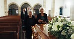 Funeral, church and people with coffin for goodbye, mourning and grief in memorial service. Depression, family and sad senior women with casket in chapel for greeting, loss and burial for death