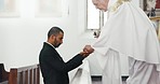 Religion, church and man with priest for communion for ceremony, service and sermon at altar. Catholic, praying and pastor with wine and biscuit for male person in chapel for ritual, mass and worship