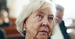 Funeral, service and face of senior woman in a church for final goodbye, respect and burial. Death, service and elderly female widow mourning, loss and grief, RIP and farewell gathering or ceremony