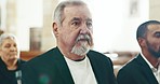 Sad, senior man and closeup at a funeral in church for religious service and mourning. Grief, elderly male person and burial with death, ceremony and grieving loss at a chapel event in formal suit