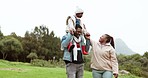 Family, park and spin child outdoor in nature for bonding and time together with love and care. African man, woman and happy girl kid laughing and playing on adventure, trip or holiday time lapse