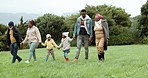 Happy, park walk and black family bonding with parents, children and grandparents together for fun. Outdoor, garden and smile of father, grandfather and kids with love, care and support on a field
