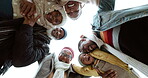 Face, children and smile with a black family in a huddle outdoor from below for unity or solidarity. Love, kids and a group of people in a circle together for funny bonding or carefree outing