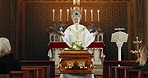 Coffin, church and priest at funeral service, blessing or family to celebrate life, worship or faith. Casket, burial and memory with pastor, talk or audience of people at farewell, eulogy or religion