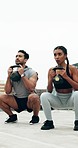 Personal trainer, man and woman with kettlebell on rooftop for weightlifting, squat or outdoor exercise. Fitness, motivation or people and weight in workout training or practice in urban city or town