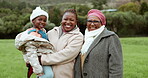 Grandmother, mom and faces of children in park or nature, outdoors in countryside together with love. Black family, portrait or happy parent bonding to enjoy holiday vacation with kid, smile or care