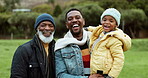 Grandfather, dad or face of happy child in park with a parent in nature outdoors in countryside together. Black family or funny African dad laughing or bonding on holiday vacation with kid or old man