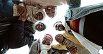 Face, children and smile with a black family in a circle outdoor from below for unity or solidarity. Love, kids and a group of people in a huddle together for funny bonding or carefree outing