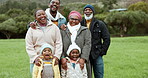 Grandparents, happy family or portrait of children in park or nature outdoors in countryside together. Grandfather, grandmother or funny dad bonding or laughing on holiday vacation with kids or mom