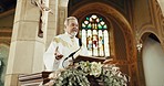 Holy man, priest and preaching in church on podium for support, trust and religion of God, Jesus Christ and hope. Senior pastor, spiritual leader and speech for worship, holy spirit or prayer service