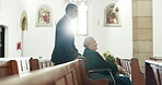 Sad, funeral and church with old woman and wheelchair user for death, mourning and widow. Depression, grief and help with person with a disability at chapel for bereavement, burial ceremony and loss