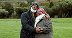 Face, love or old couple hug in park with love or smile in nature, outdoors in countryside together. Black people, portrait or happy man bonding or enjoying holiday vacation with senior African woman