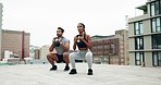 People, personal trainer and kettlebell on rooftop for weightlifting, squat or outdoor fitness together. Man and woman lifting weights in workout class, coaching or motivation for exercise in town