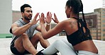 Young couple, crunch workout and outdoor on roof, high five and smile with motivation, support and strong abdomen. Man, woman and training together for stomach muscle, goals and teamwork in metro cbd