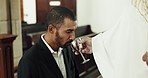 Priest man, communion ceremony and church with drink, faith or symbol for blood of Jesus Christ. Pastor, chalice or spiritual guide with wine, icon or sign of cross, ritual or forgiveness in religion