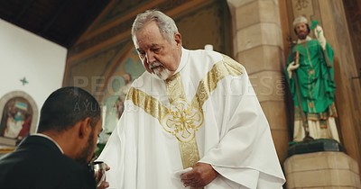 Priest man, communion ceremony and church with drink, faith or symbol ...