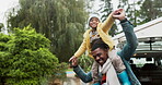 Happy, walking and airplane with father and daughter at house for road trip, playful and bonding. Happiness, support and care with man and child playing in driveway for black family, love and games