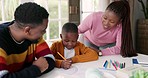 Black family, drawing and parents with child for education, learning and creative lesson at home. School, help and mother and father teaching boy at table write for development, homework and studying