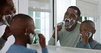 Shaving, foam and father with child in bathroom for grooming, beauty routine and wellness. Black family, happy and dad and kid with shave cream, razor or soap for facial, bonding and learning at home