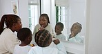 African mother, children and brushing teeth in bathroom with learning, care and together for hygiene in house. Mom, kids and toothbrush for wellness, dental cleaning and health in black family home