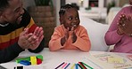 Family, child and clap for development at home for education, learning and knowledge. African woman, man or parents and girl kid playing or teaching creative art, kindergarten homework or drawing